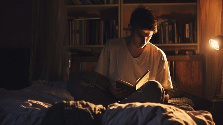 Ung person läser en bok i sängen i varmt sken från en sänglampa